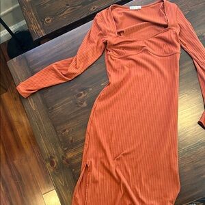 Elegant Rust Long Sleeve midi Dress